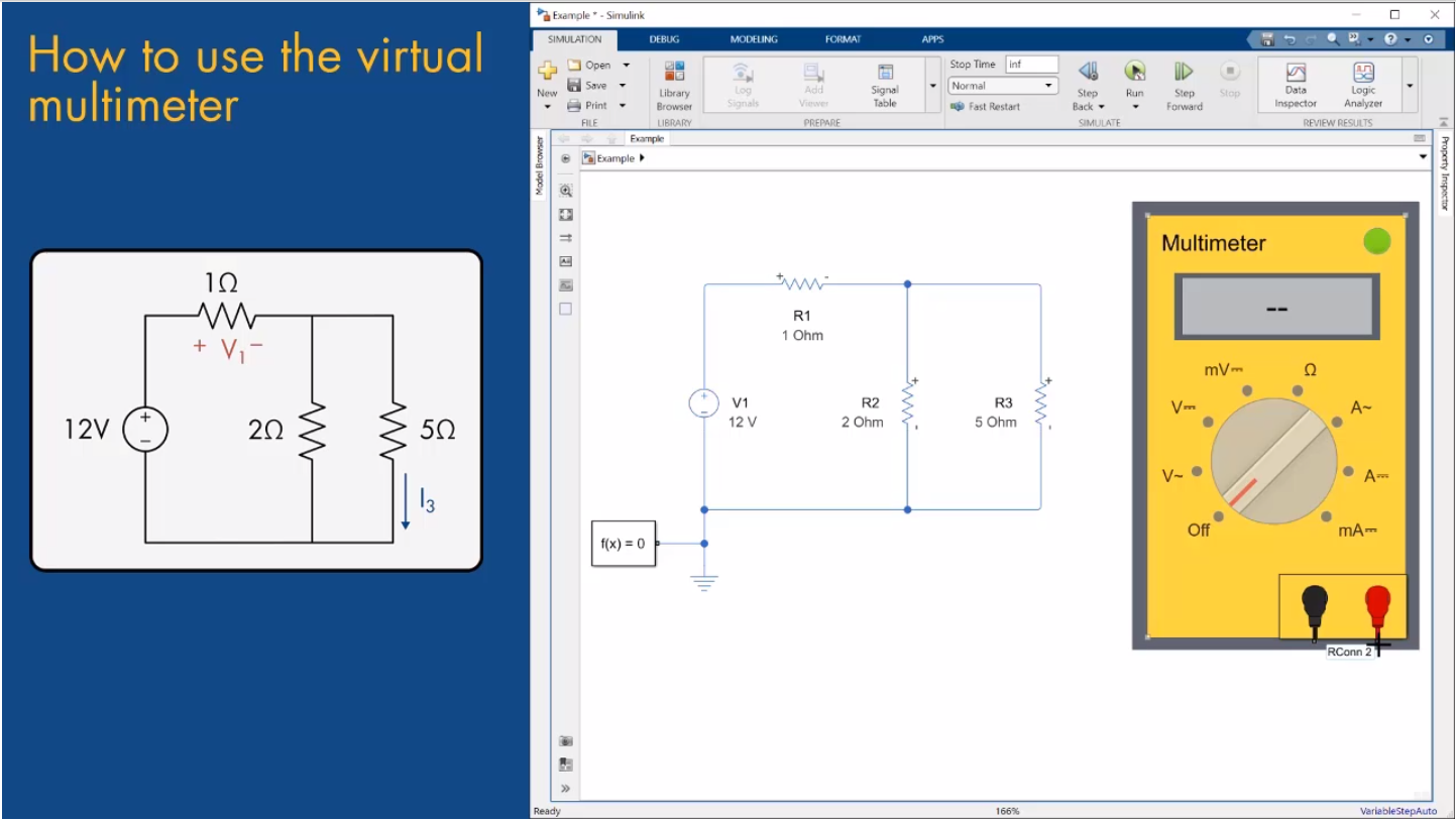 DC Circuit Analysis courseware module showing exercise on how to use the virtual multimeter.