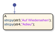 Stateflow chart that uses the strcpy operator in a state.