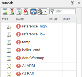 Symbols Pane showing unresolved symbols in state transition table.