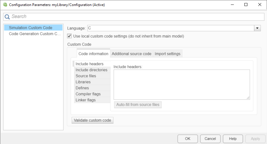 The Simulation Custom Code pane of the Configuration Parameters dialog box, showing the default settings for a library model.