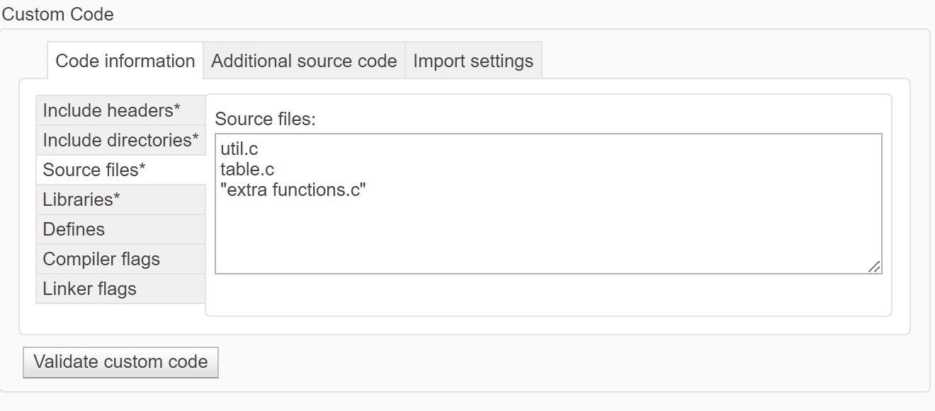 The Simulation Target Custom Code "Source files" tab shows three lines: util.c, table.c, and "extra functions.c"