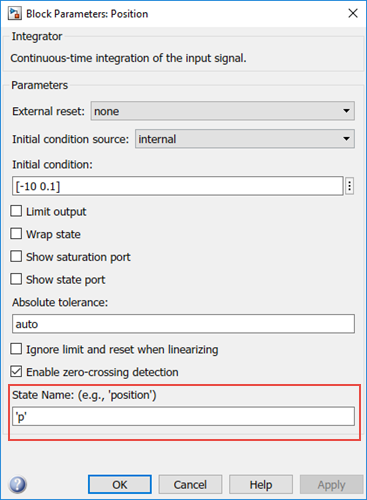 Block parameters dialog box showing State Name set to p.