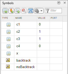 Symbols pane with data.