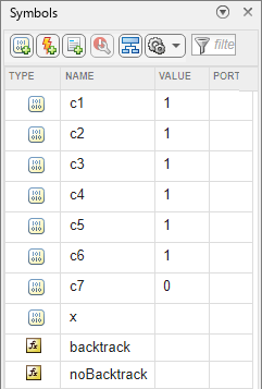 Symbols pane with data.