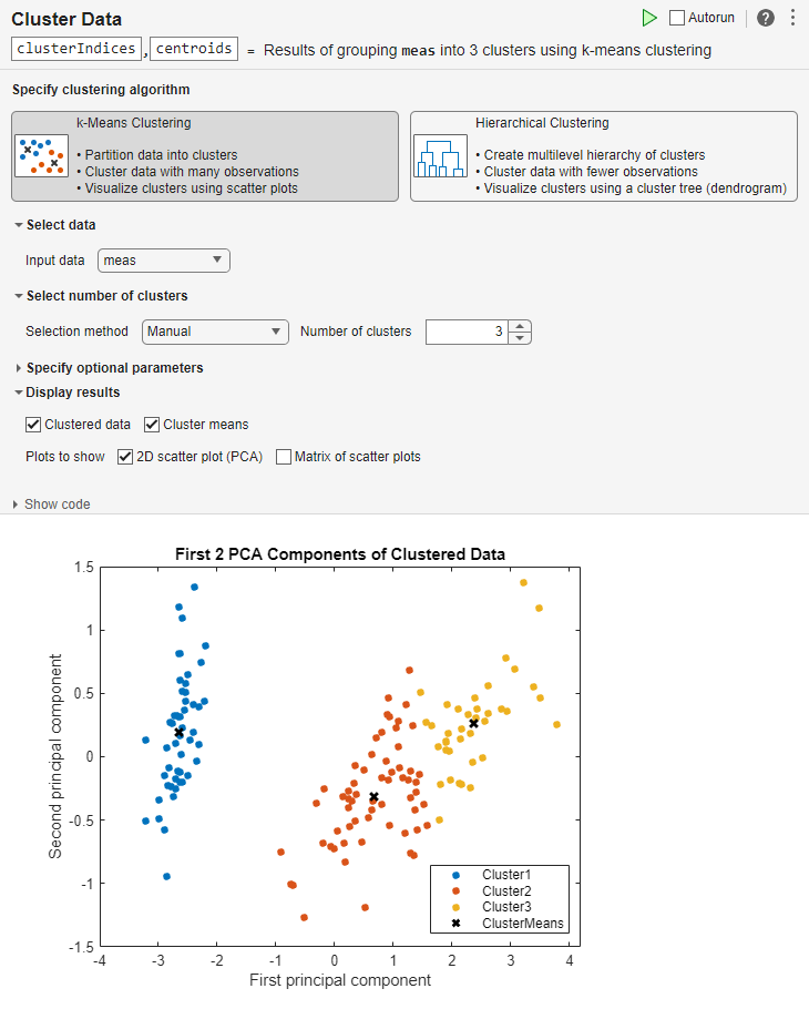 Cluster Data task showing the selected parameters and the resulting scatter plot with the sample data divided into three clusters