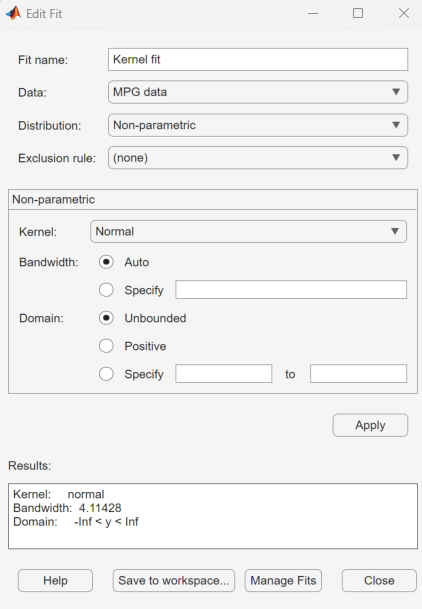 Edit Fit dialog box with nonparametric kernel distribution results for miles per gallon data