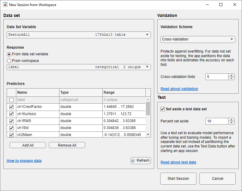 New Session from Workspace dialog box