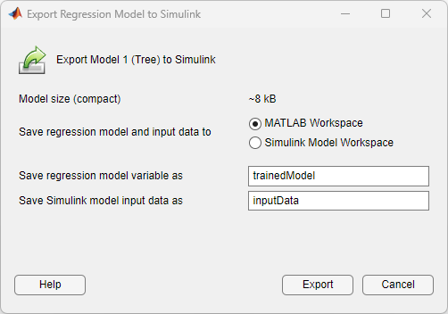 Export Regression Model to Simulink dialog box with options selected