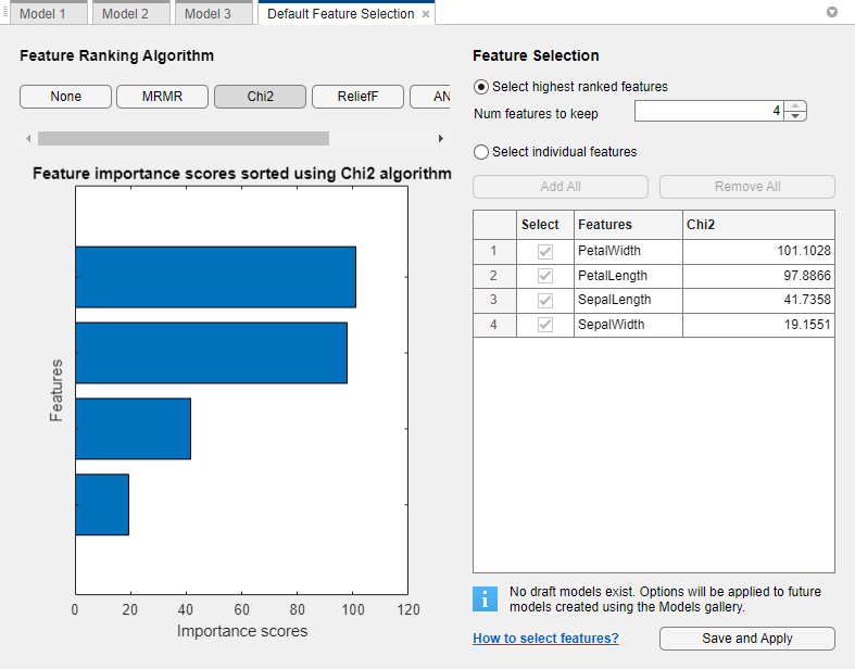 Default Feature Selection tab with Chi2 as the selected feature ranking algorithm