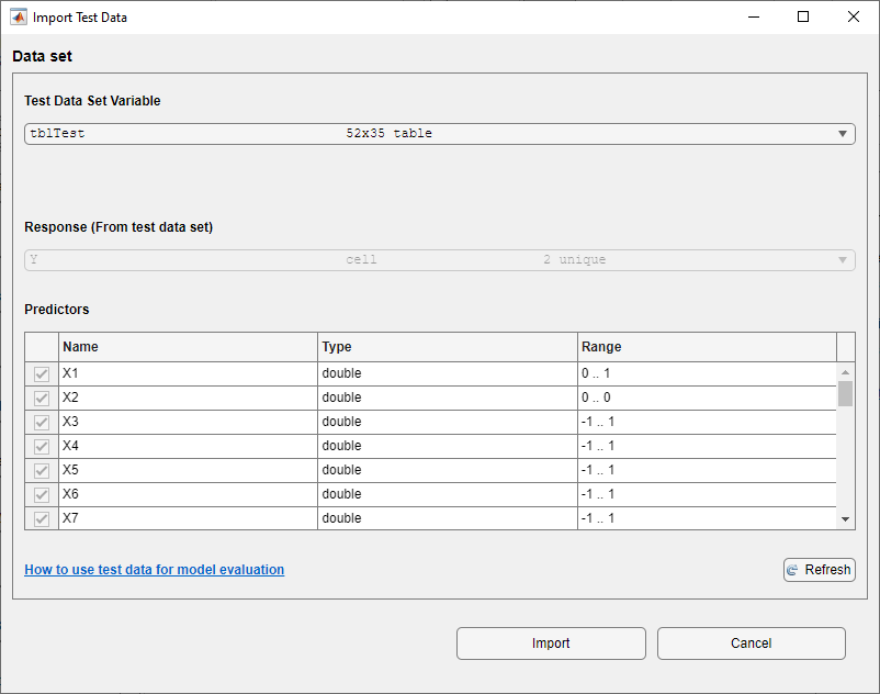 Import Test Data dialog box