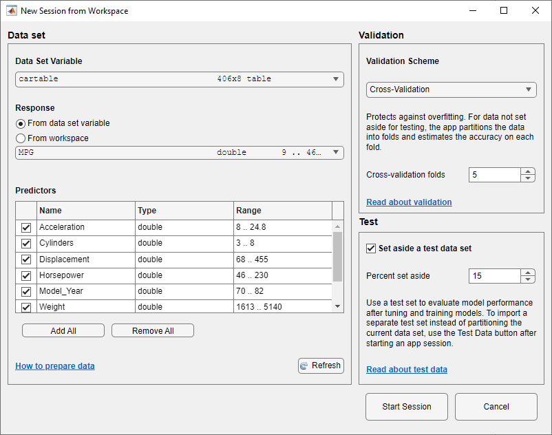 New Session from Workspace dialog box with 15 percent of the imported data set aside for testing