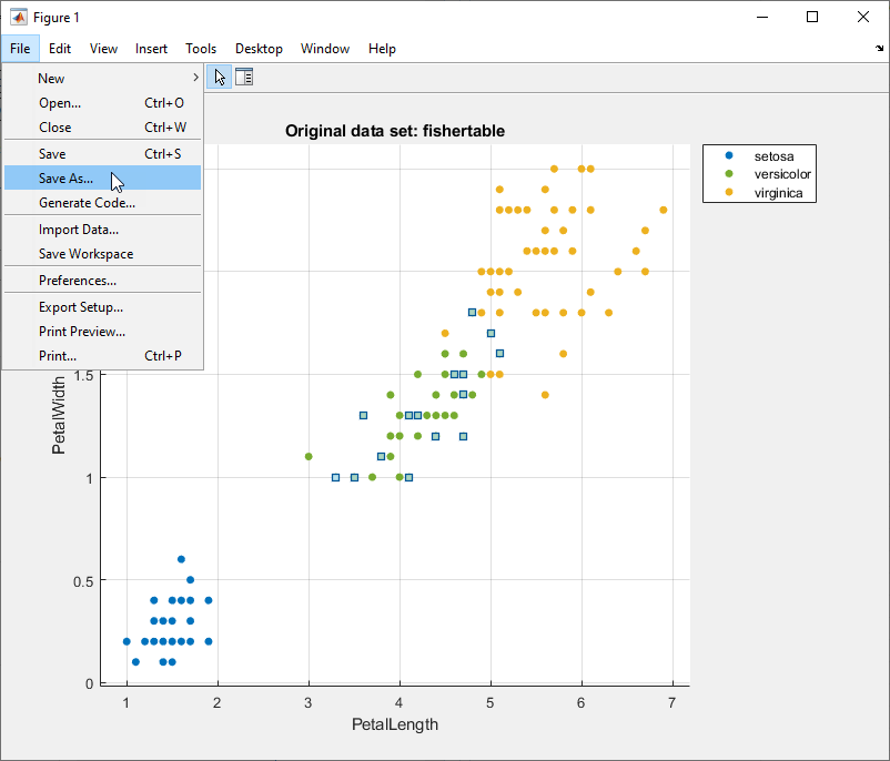 Exported plot figure window with the Save As option selected in the File menu