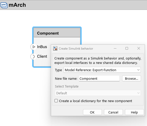 Component selected on the canvas. The 'Create Simulink Behavior' dialog box is displayed with default parameter values.