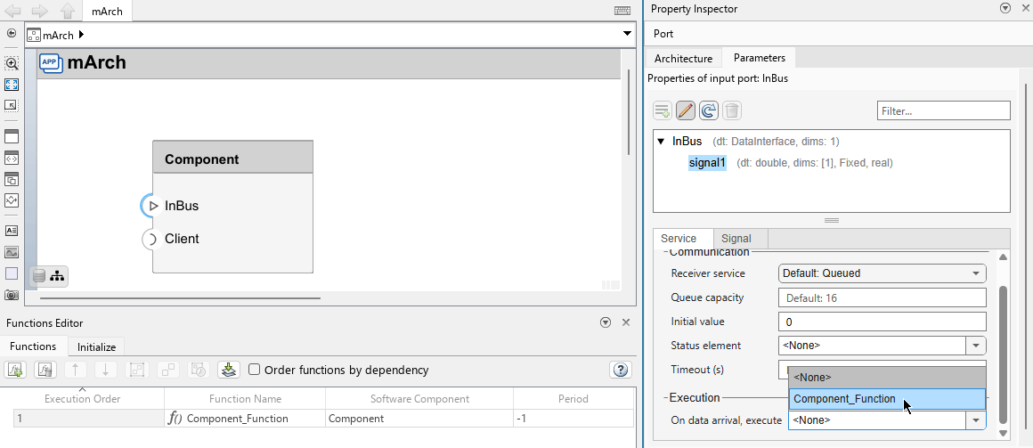 Input port of a component selected with the Property Inspector open. The 'On data arrival, execute' drop down menu is expanded and the cursor is hovering over the component function.