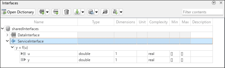 A service interface is selected and highlighted in blue in the Interface Editor. From the toolstrip, the cursor is hovering over the Add element to selected interface button.