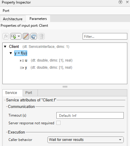 The Parameters tab of the Property Inspector displayed with a function element selected. The Communication pane is displayed showing the Timeout and Server response not required properties. The Execution pane is displayed showing the Caller behavior property.
