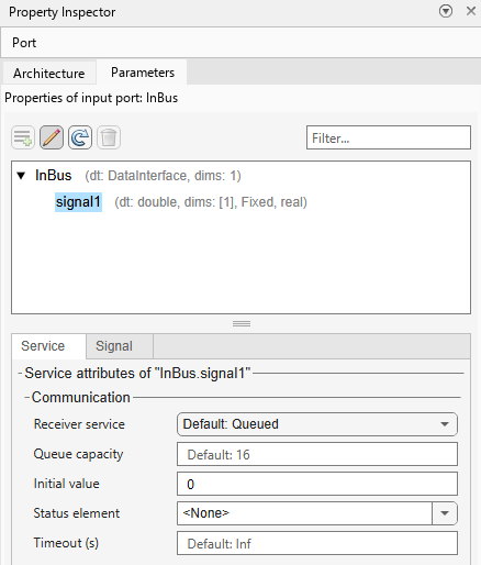 The Parameters tab of the Property Inspector displayed with a data element selected. The Communication pane is displayed.