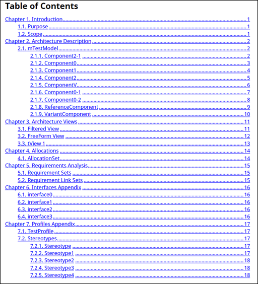Table of contents page from a system architecture report.