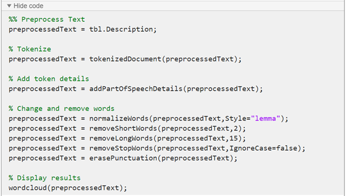 MATLAB code generated by Preprocess Text Data task