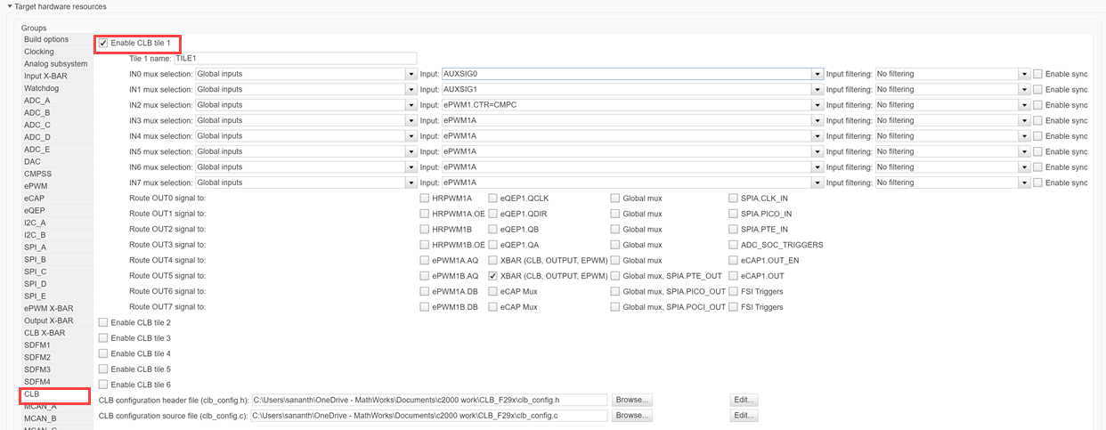 CLB tab in Configuration Parameters showing tile input selections, output routing, and configuration file paths