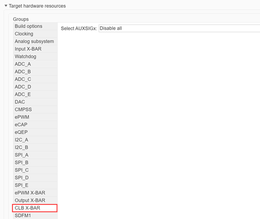 CLB XBAR tab in Configuration Parameters showing Select AUXSIGx dropdown in default state