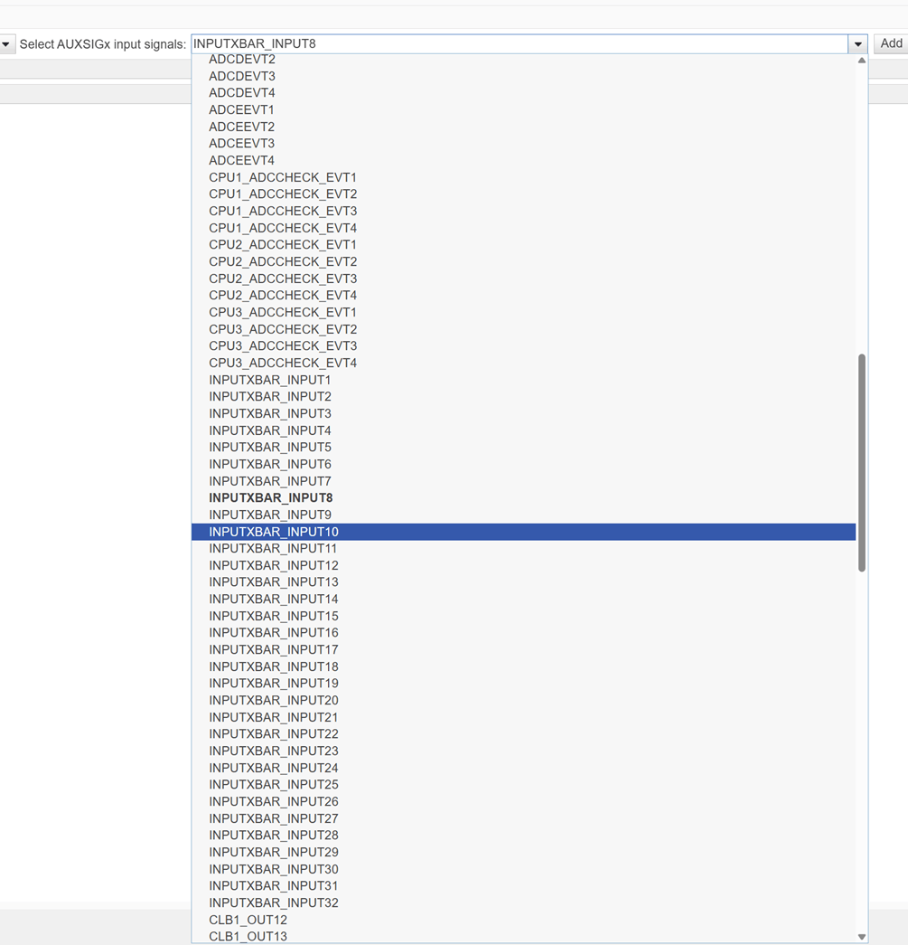 Available input signals list showing INPUTXBAR, ADCEVT, CPU_ADCCHECK, and CLB output signals