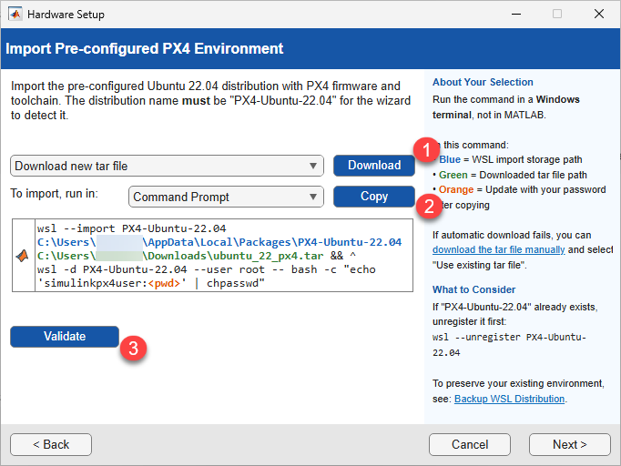 Import Pre-configured PX4 Environment screen showing Download button, To import run in drop-down, Copy button, and Validate button.