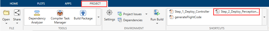 Project Shortcuts tab showing Step_2_Deploy_Perception