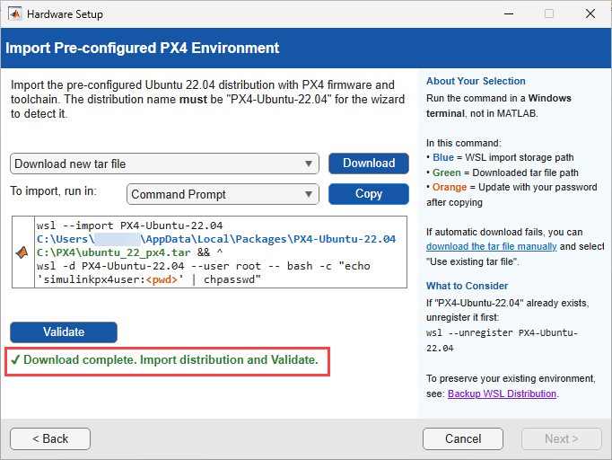 Import Pre-configured PX4 Environment screen showing message Download complete.