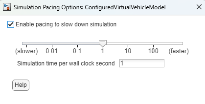 Simulation Pacing Options: ConfiguredVirtualVehicleModel dialog box with the Enable pacing to slow donw simulation option selected.