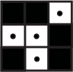 Three-by-three grid, with the middle-left, center, middle-bottom, and top-right squares white with black circles in the center. All other squares are black.