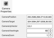 Camera properties selection of CameraPosition, CameraTarget, CameraUpVector, View Angle, and CameraZoom