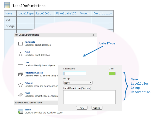 The labelDefinitions table contains the LabelType column, which corresponds to the ROI Label Definition type in the app, and the Name, LabelColor, Group, and Description columns, which correspond to the Label Name, Color, Group, and Label Description (Optional) fields in the app interface, respectively.