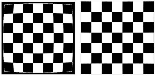 left checkerboard image is distorted and the right image of the checkerboard is undistorted.