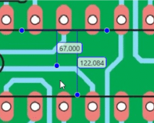 Caliper measurements on a PCB image showing distance values between component pads