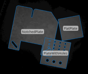 Shape matching results showing detected metal plate objects with class labels overlaid