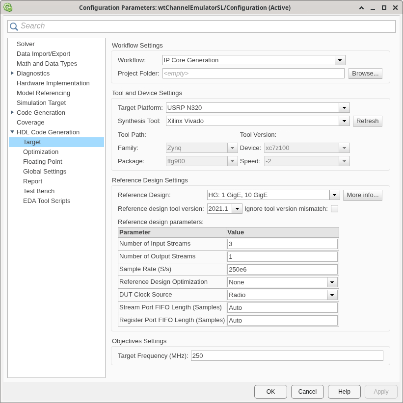 HDL Code Generation > Target panel showing reference design parameters for the channel emulation example