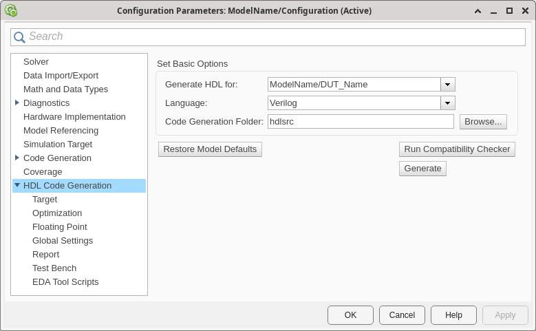 HDL Code Generation pane in the Configuration Parameters window.