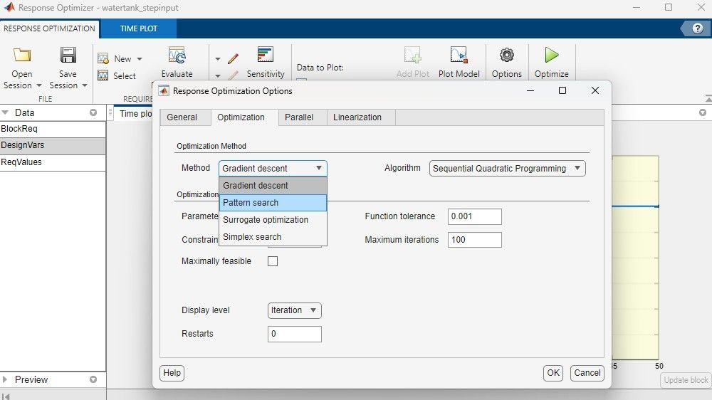 Response Optimizer app showing available optimization methods.